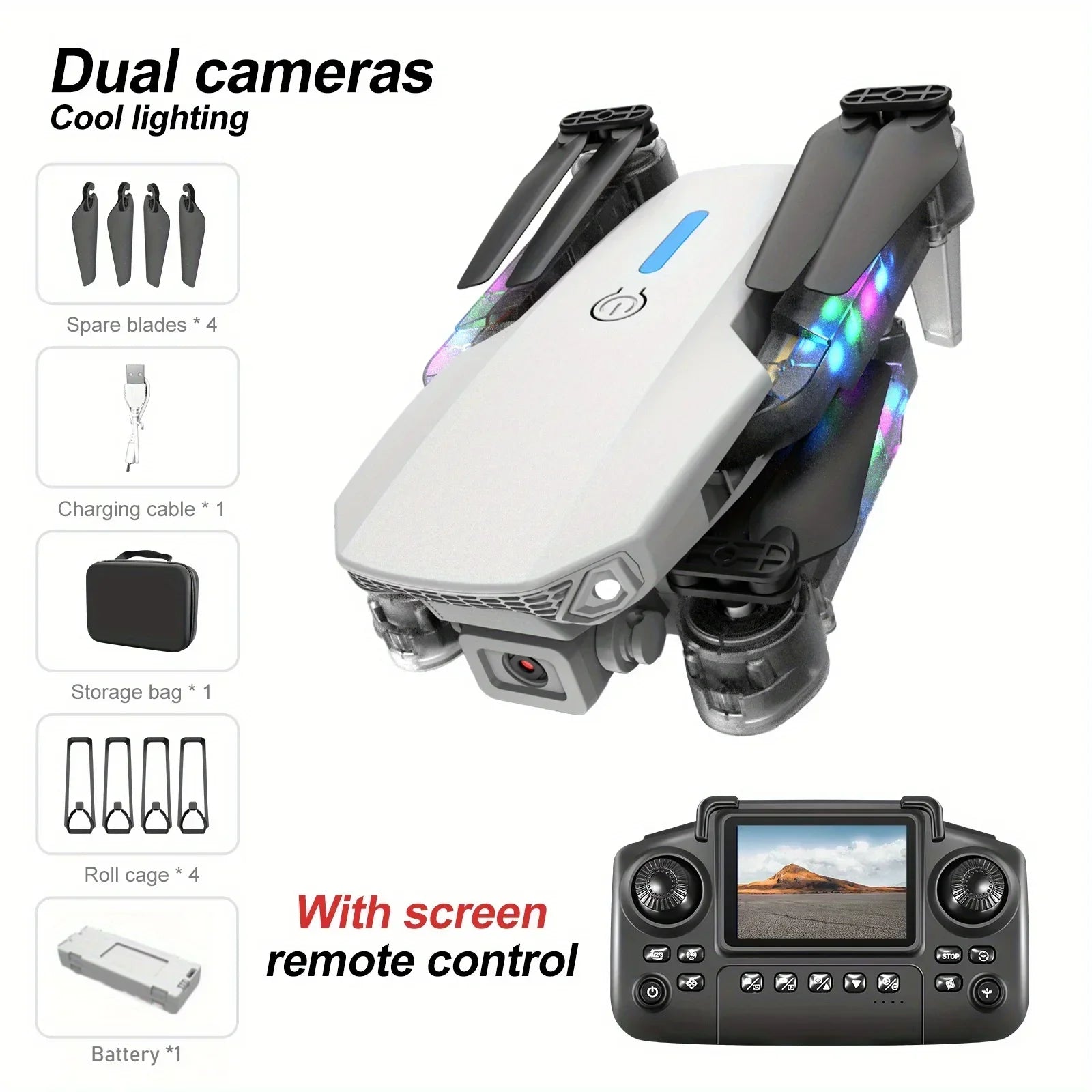 E88/E99 Drone with HD Screen Control Dual Camera Color LED Lights Light Stream Positioning ESC Technology RC Quadcopter