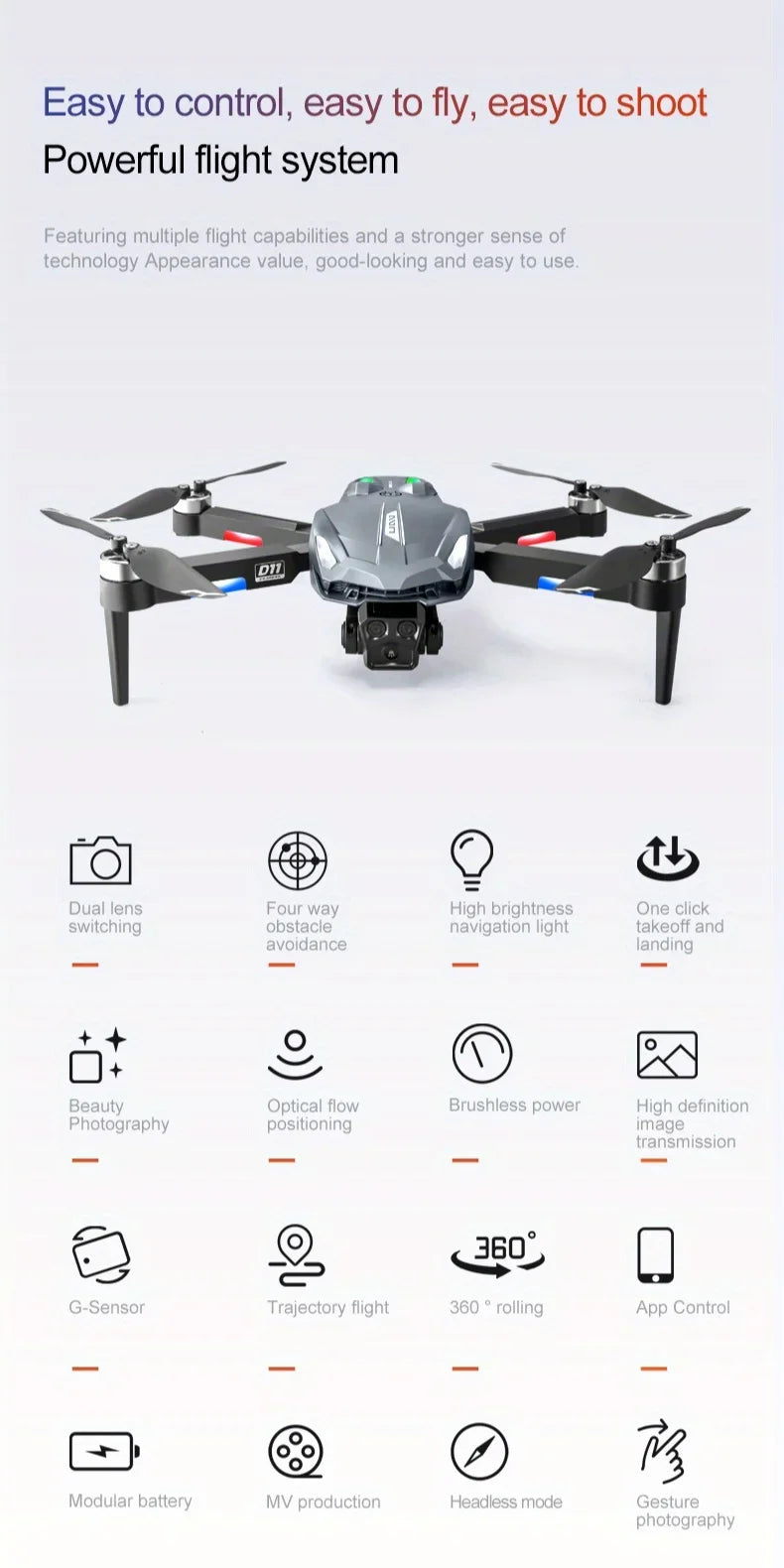 New D11 Drone with Obstacle AvoidanceGradient RunningLight Brushless Motor EIS Electronic Anti-Shake Servo Gimbal Stabilisation