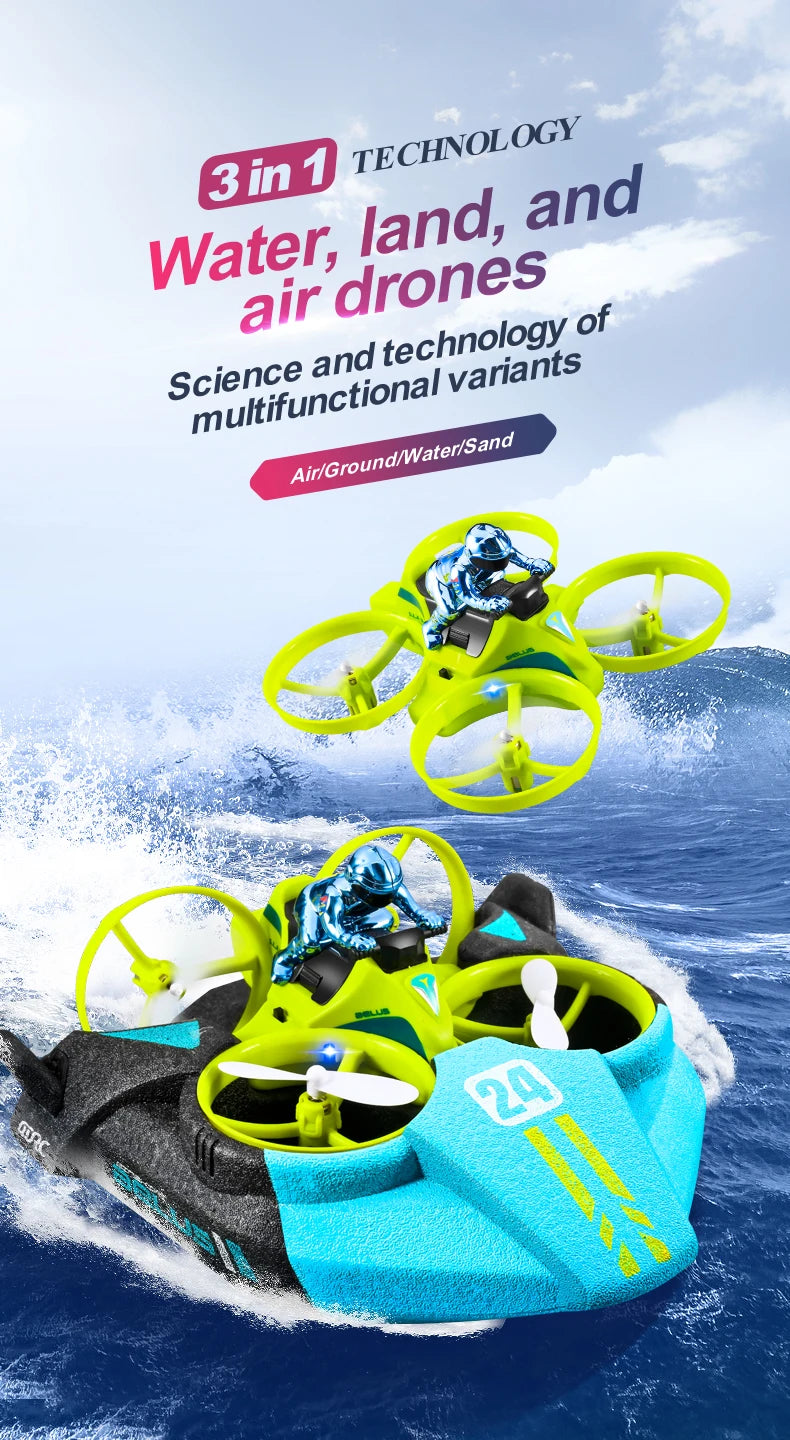 4DRC Mini RC Drone Altitude Hold Headless Mode 3 in 1 Sea Land Air Flight 2.4G Remote Control Quadcopter Boat RC Helicopter Toys