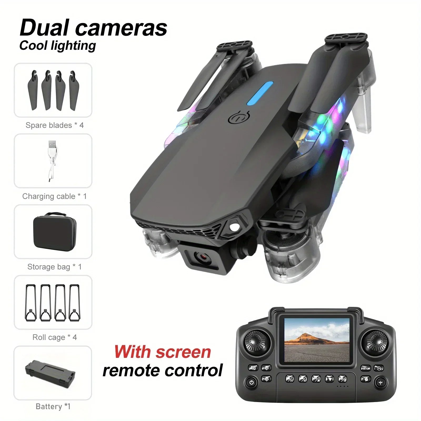 E88/E99 Drone with HD Screen Control Dual Camera Color LED Lights Light Stream Positioning ESC Technology RC Quadcopter